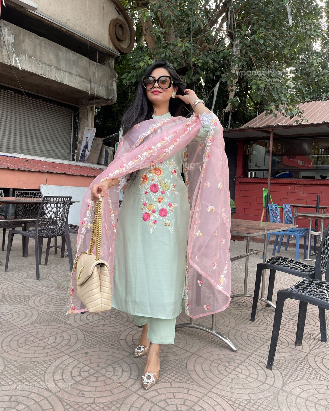 Embroidered mint & peach suit set