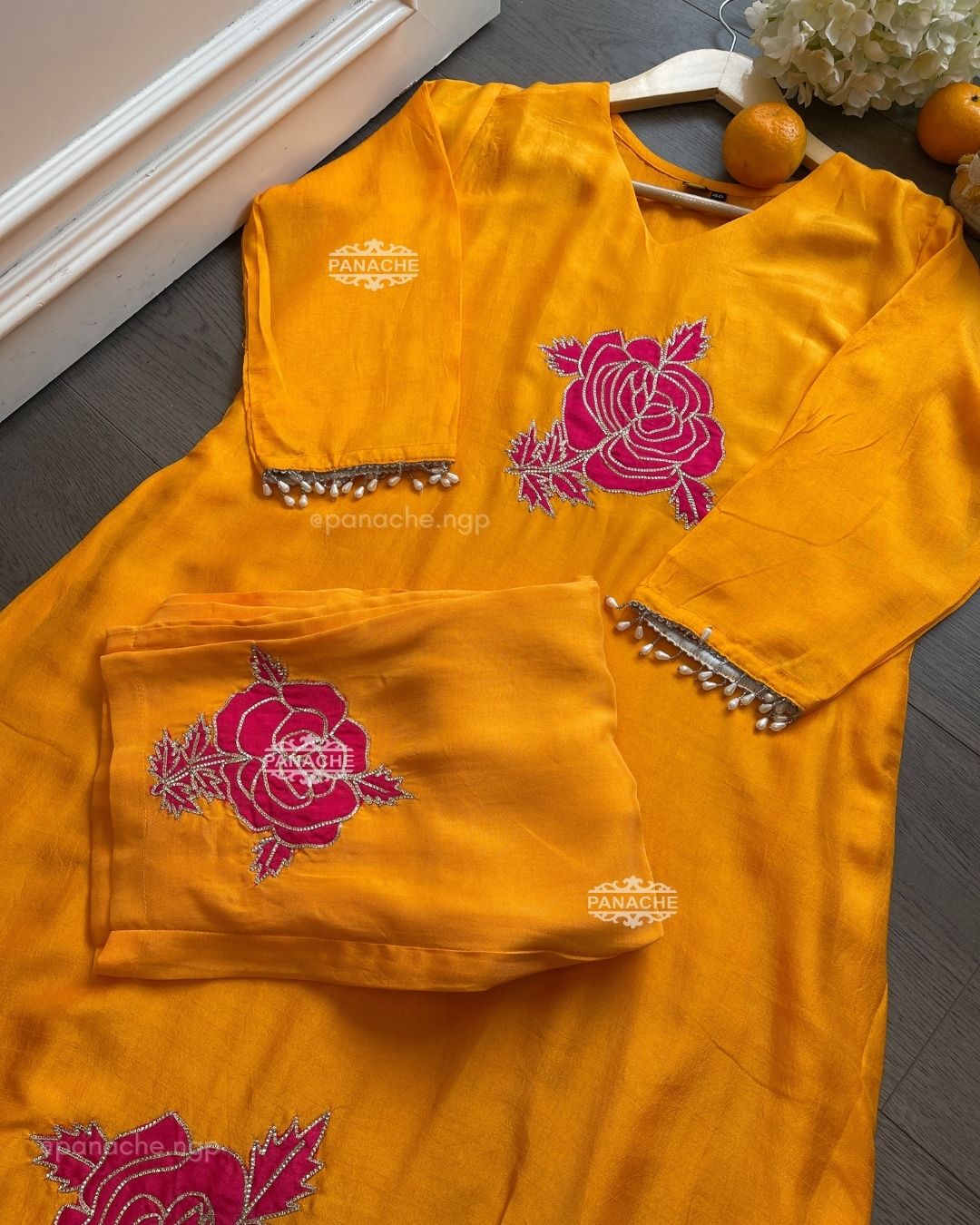 Mango and fuchsia pink pearl set