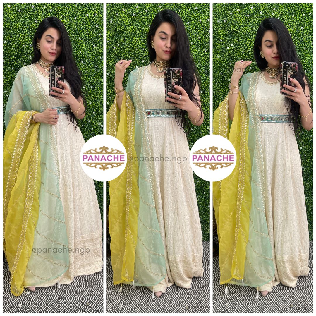 Lucknowi gown with heavy Orgenza dupatta and belt