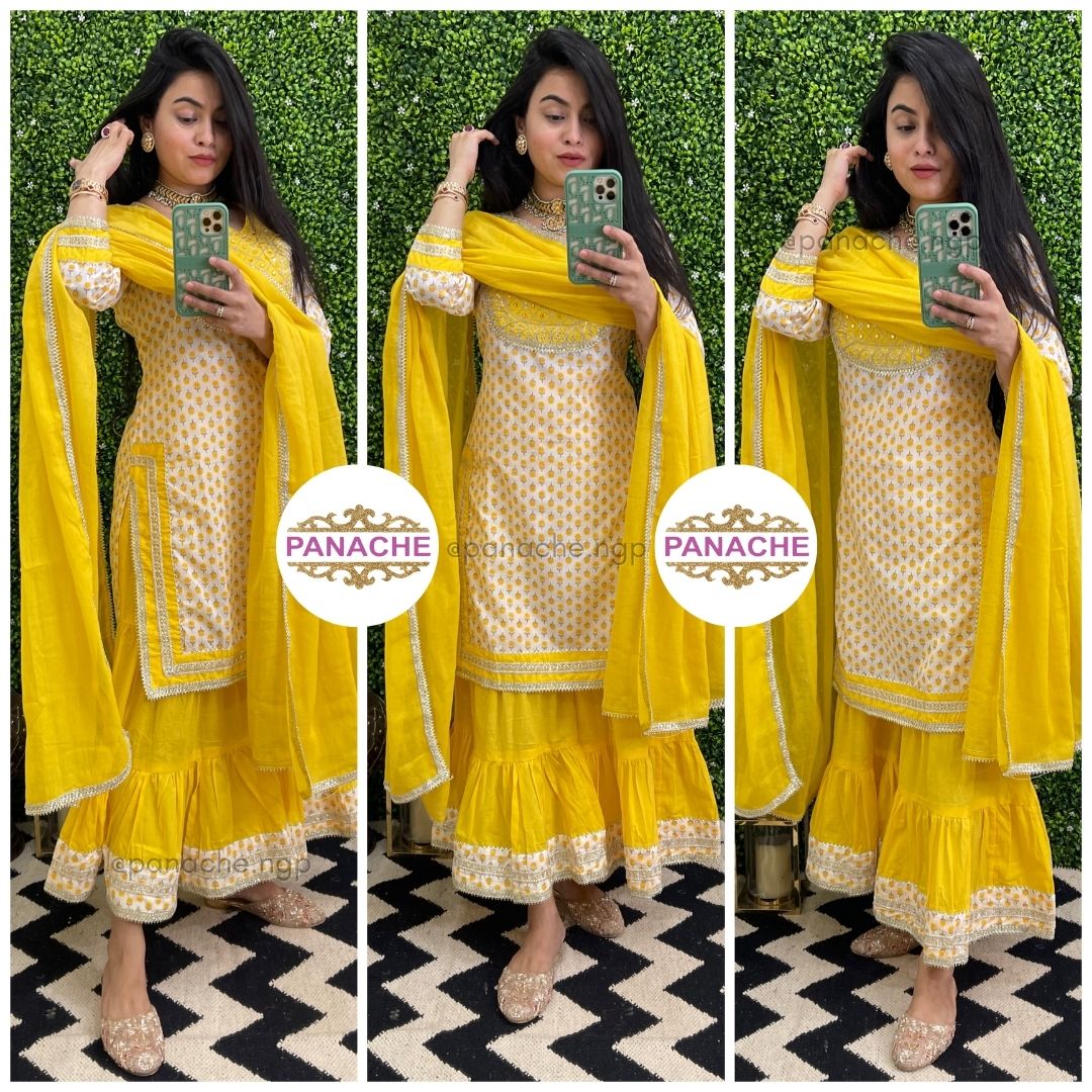 Floral sunflower yellow sharara set