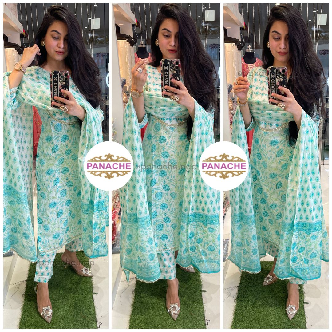 Print on print kurta pant dupatta set