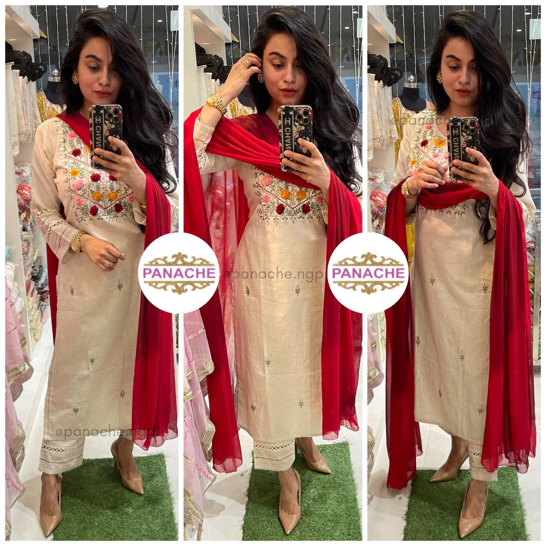 Off-white 3D floral embroidery kurta pant dupatta set