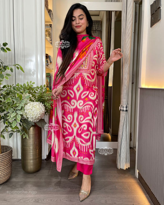 Fuschia Ikkat muslin set