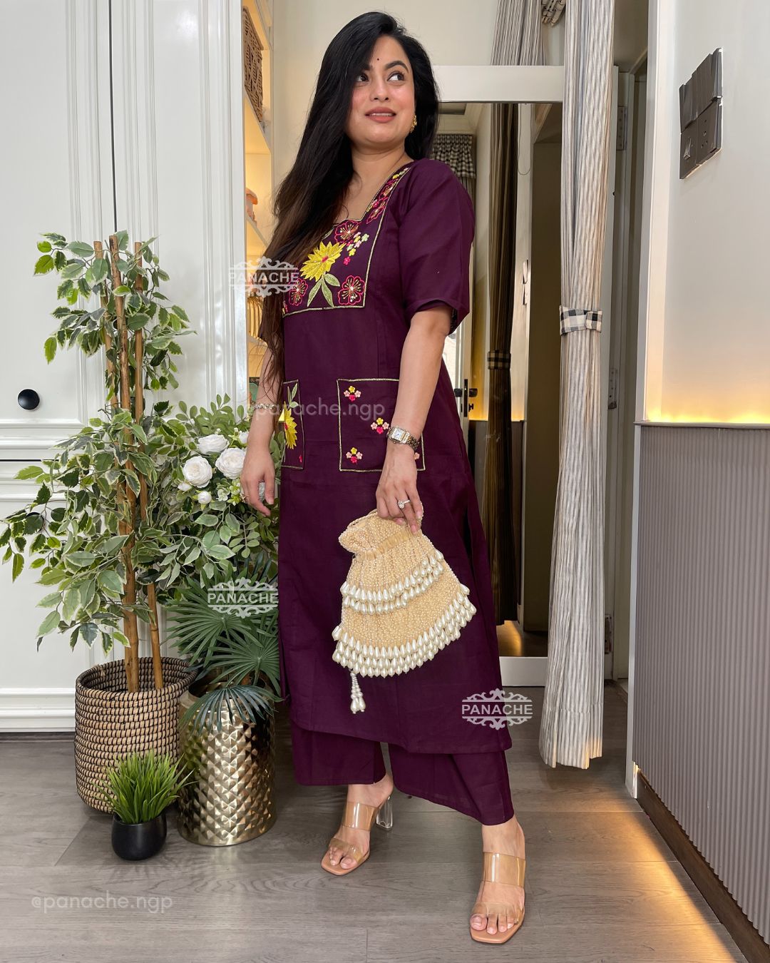 Wine embroidered coord set