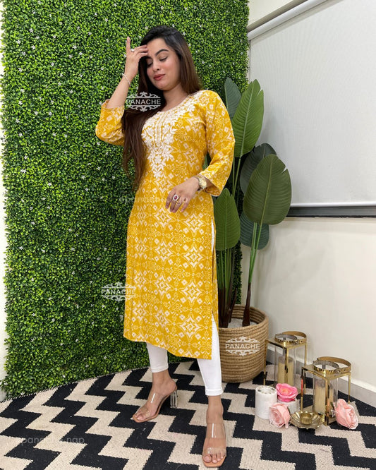 Ikkat Dailywear thread work kurtis in muslin