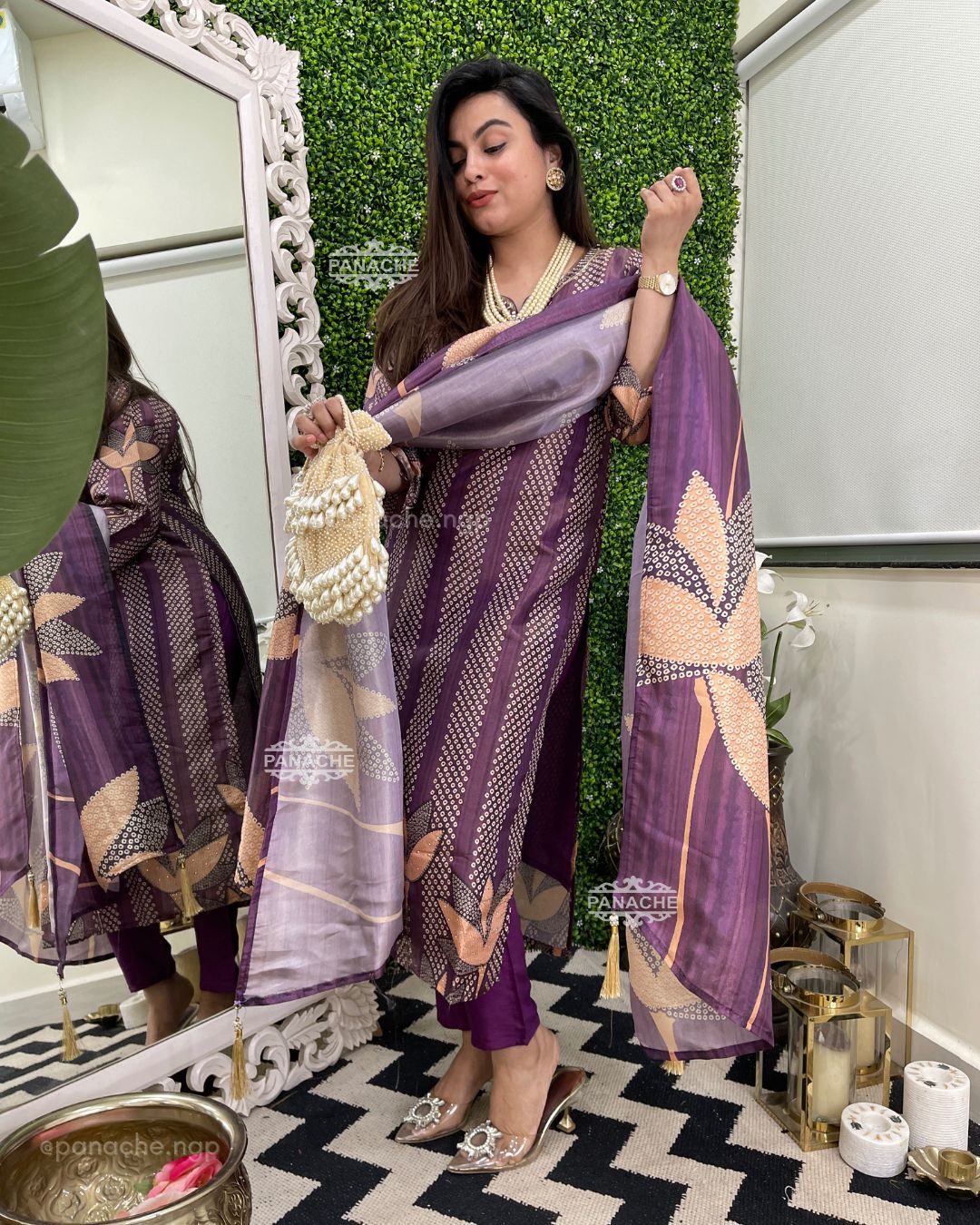 Bandhani mirror Lilac & coral set