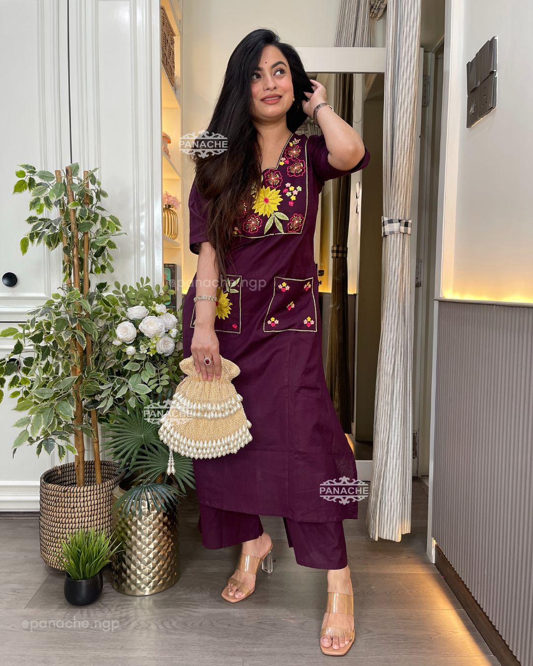 Wine embroidered coord set