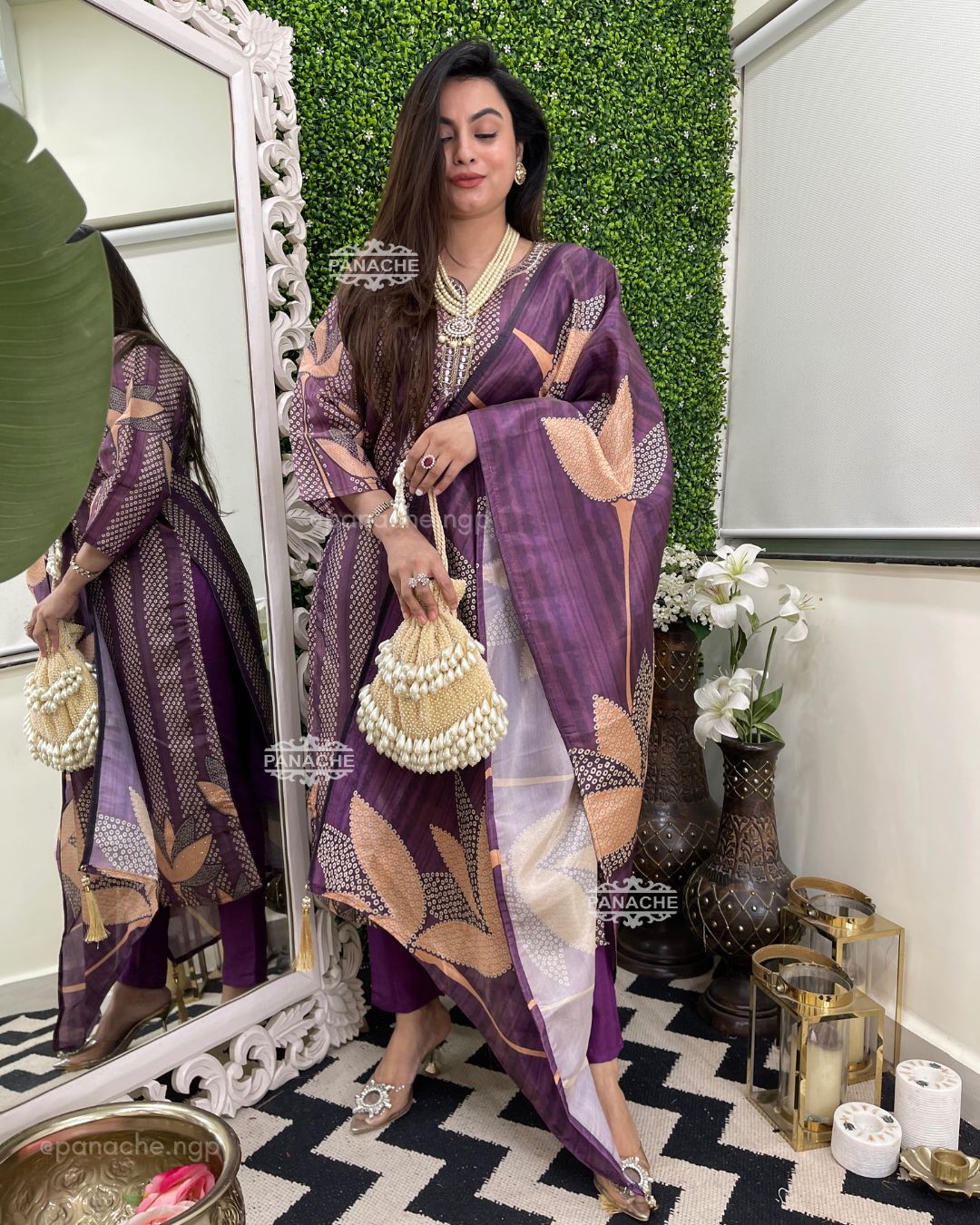 Bandhani mirror Lilac & coral set