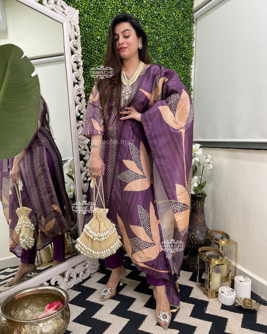 Bandhani mirror Lilac & coral set