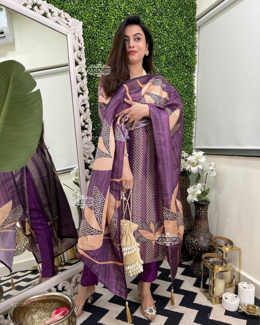 Bandhani mirror Lilac & coral set