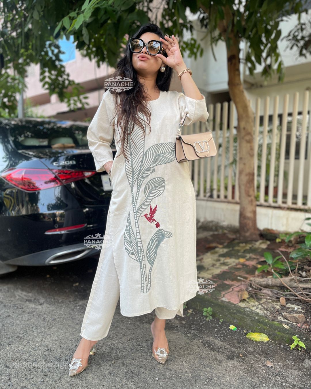 Swan embroidered cotton coord set