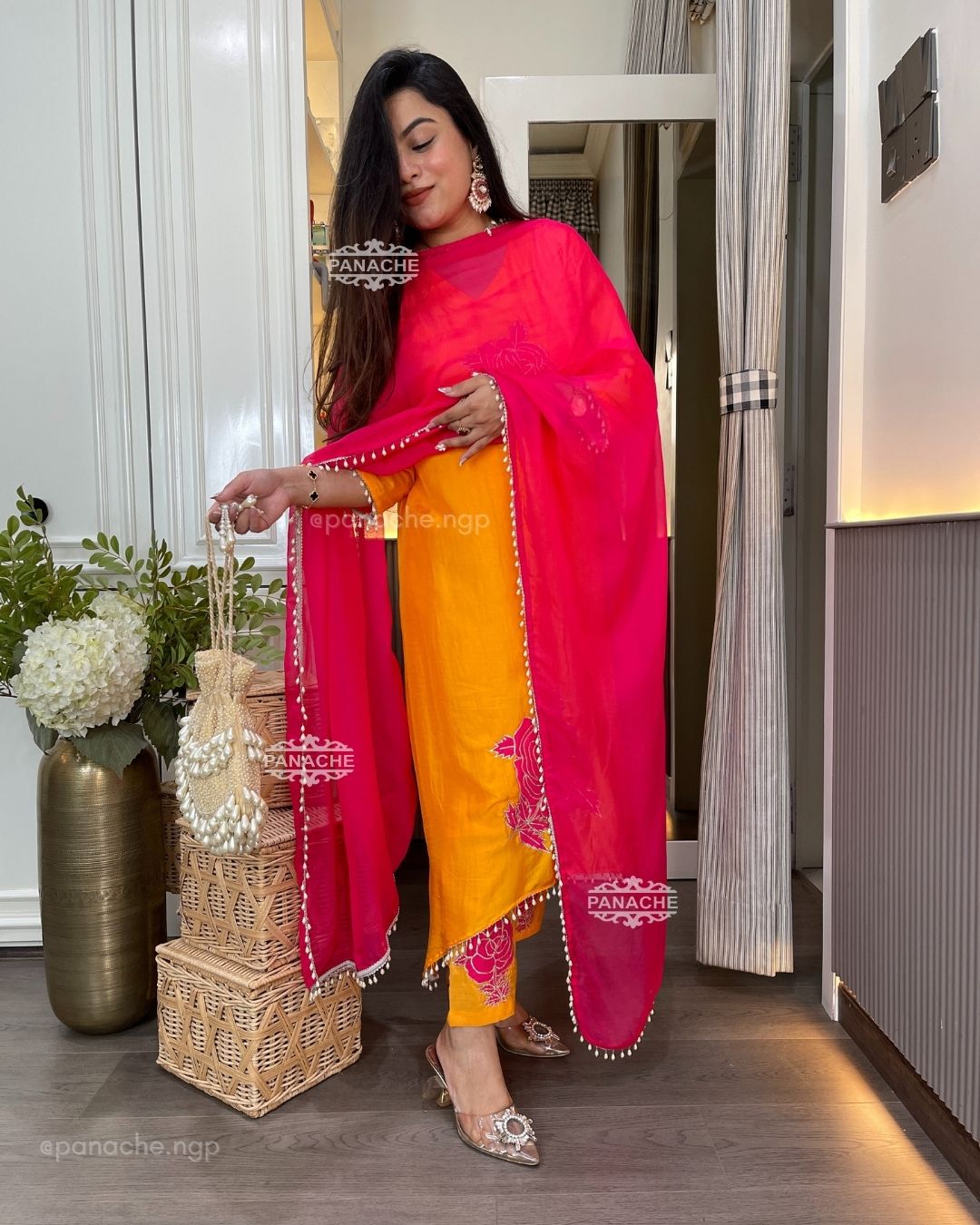 Mango and fuchsia pink pearl set