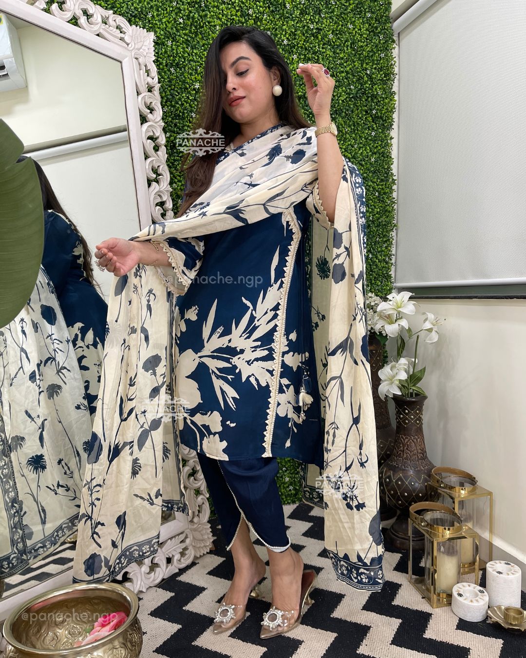 Navy angrakha Floral tulip