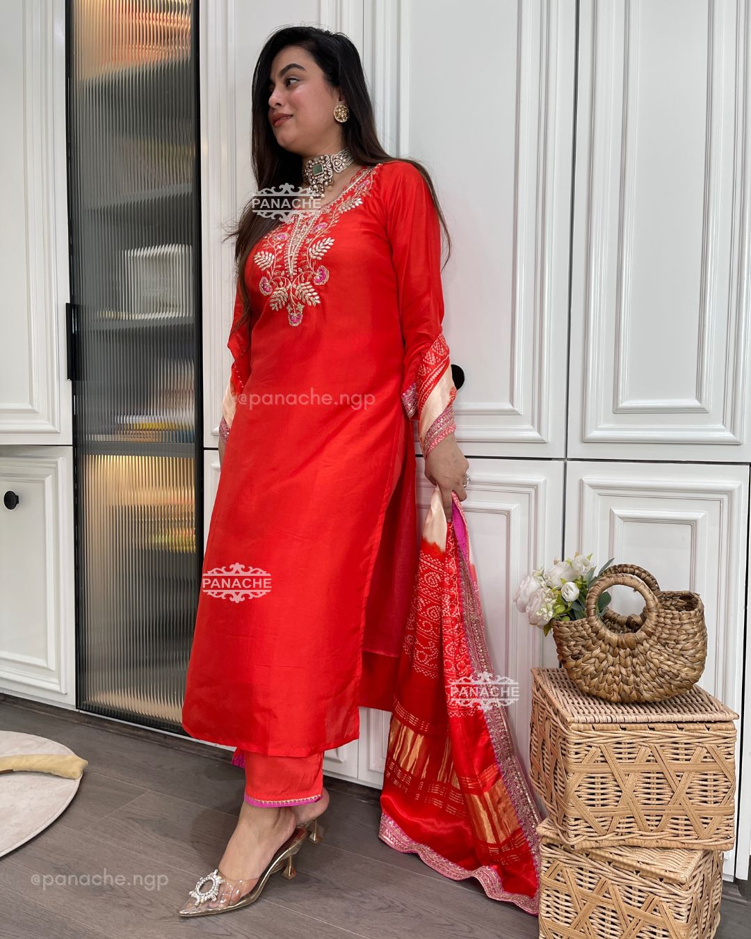 Coral gajji bandhani set