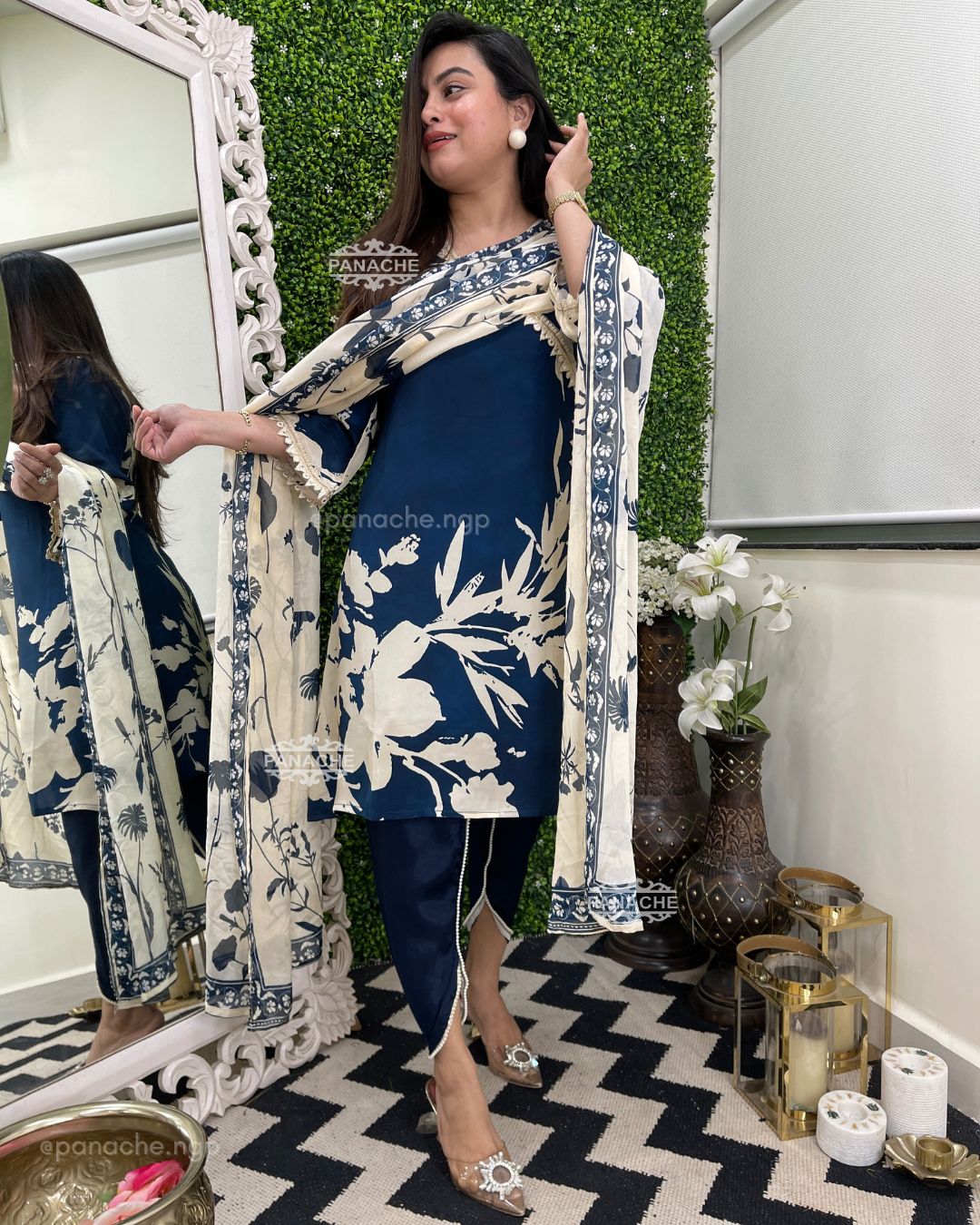 Navy angrakha Floral tulip