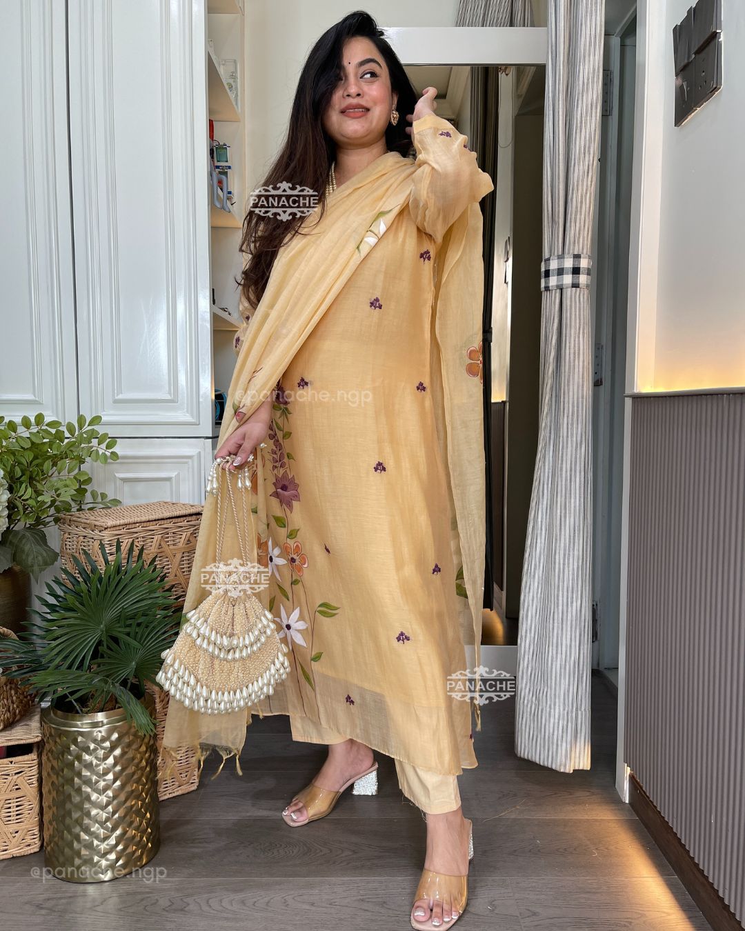 Beige mul hand painted suit set