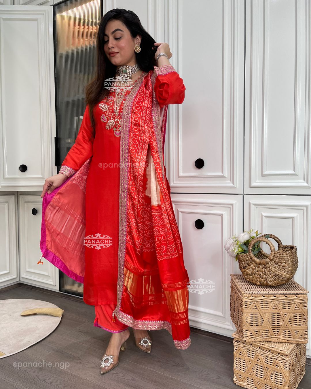 Coral gajji bandhani set