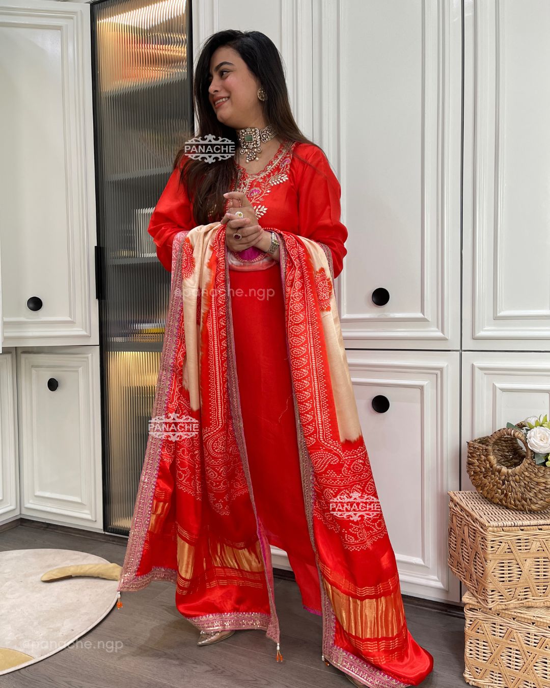 Coral gajji bandhani set