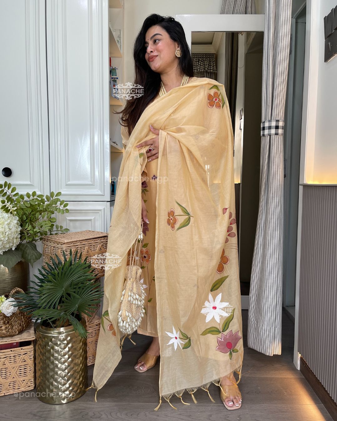 Beige mul hand painted suit set