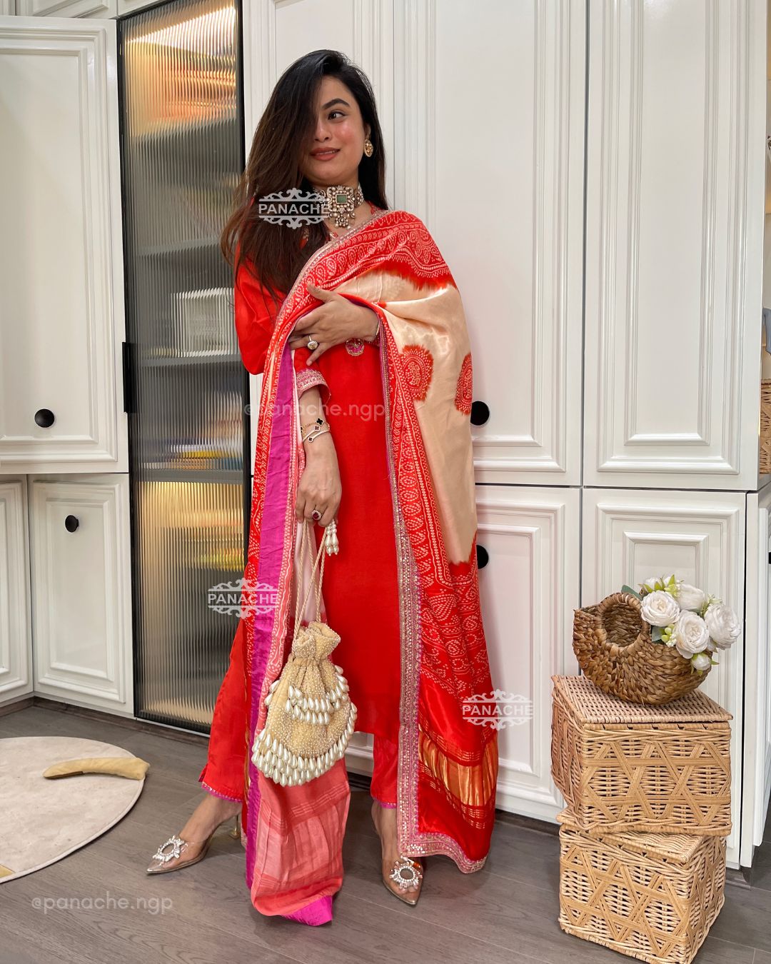 Coral gajji bandhani set