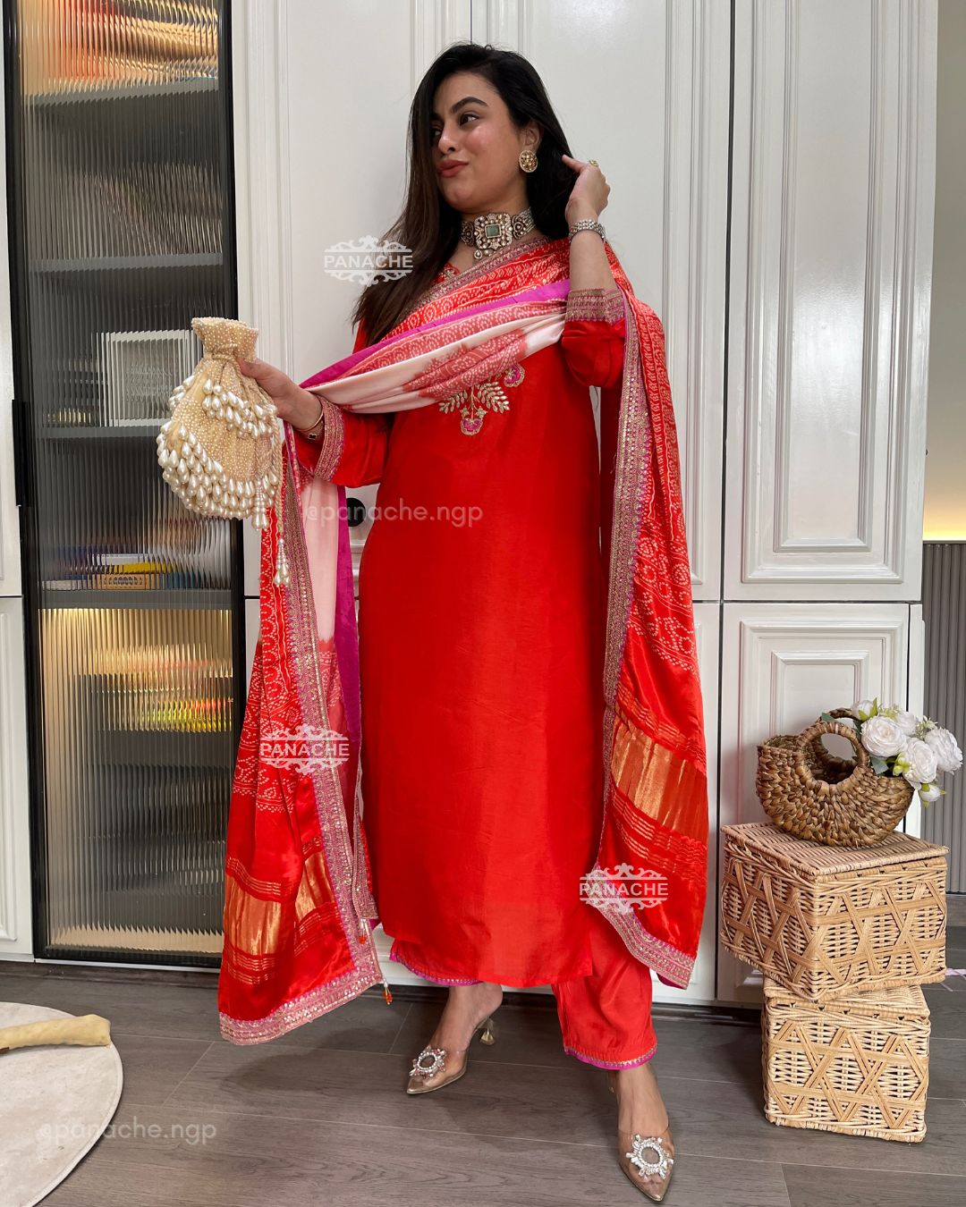 Coral gajji bandhani set