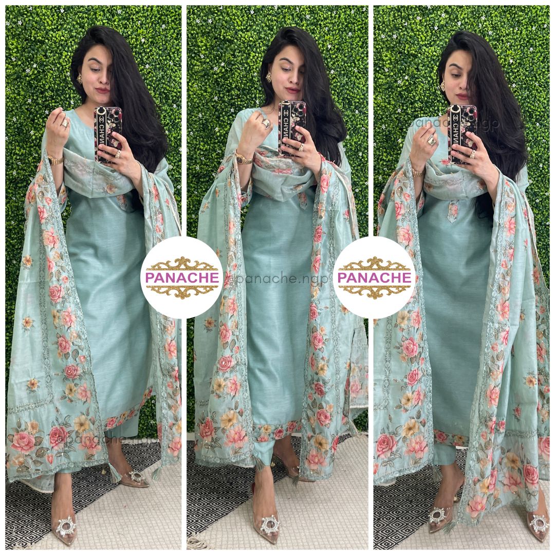 Mint green Ajrak in florals