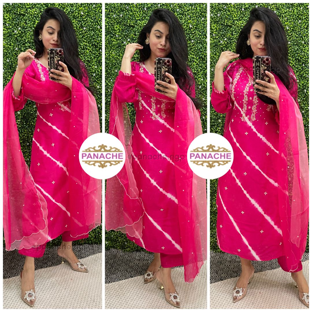 Hotpink silk set in leheriyan