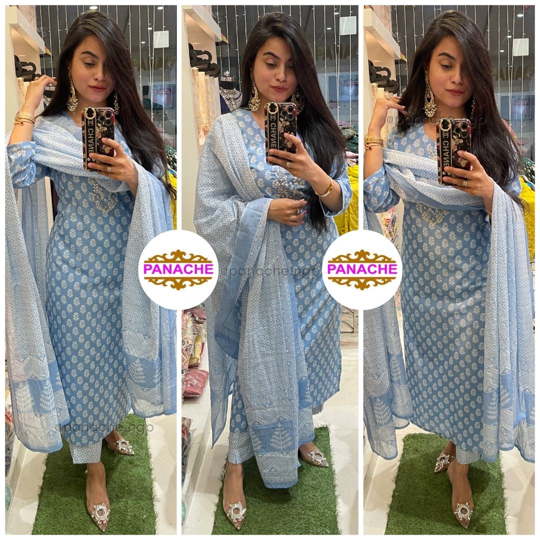 Pearl embroideries cotton kurta pant & dupatta set