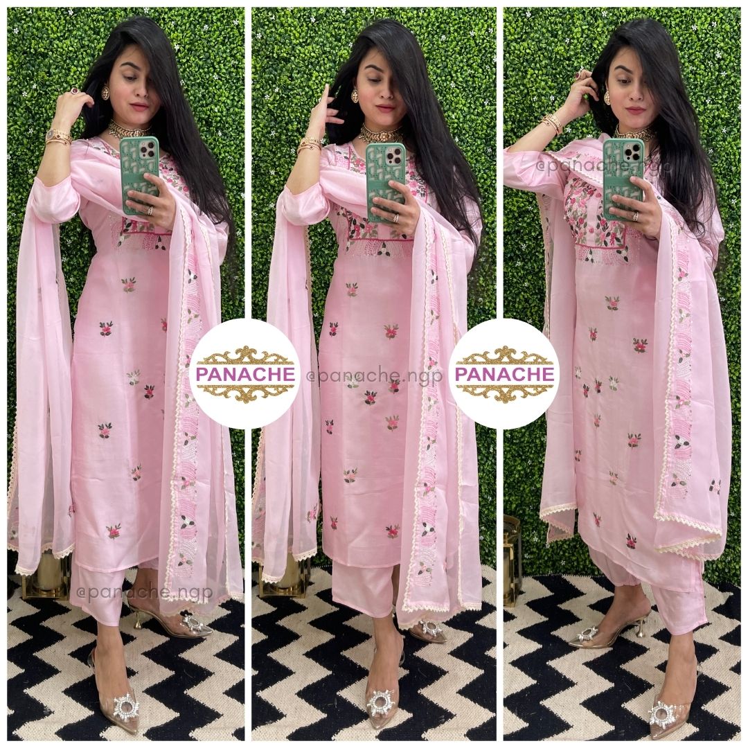 Powder pink silk set with French knot embroidery