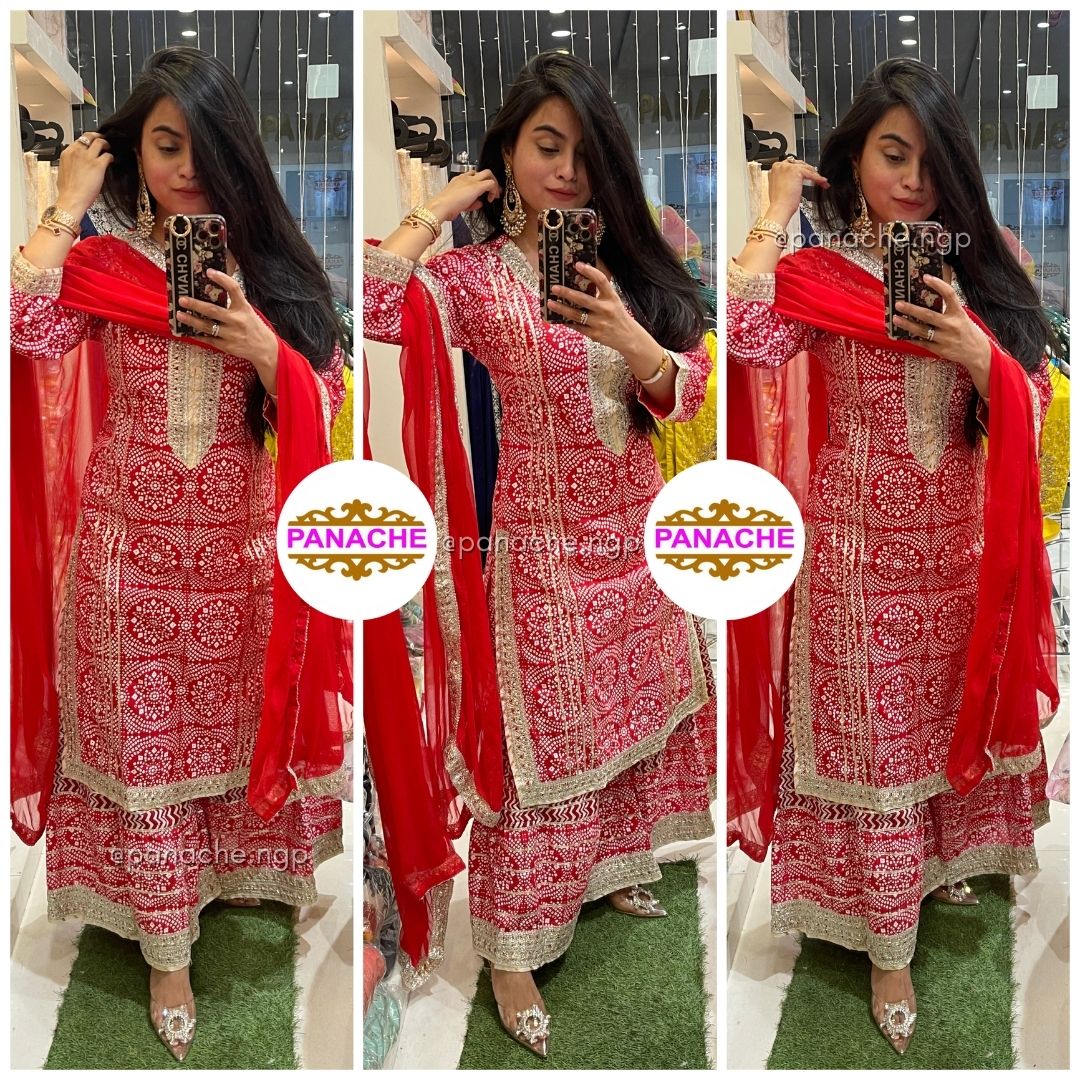 Red bandhani kurta sharara & dupatta set
