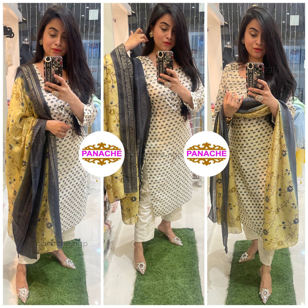 Off-White Printed kurta plain pants &floral dupatta