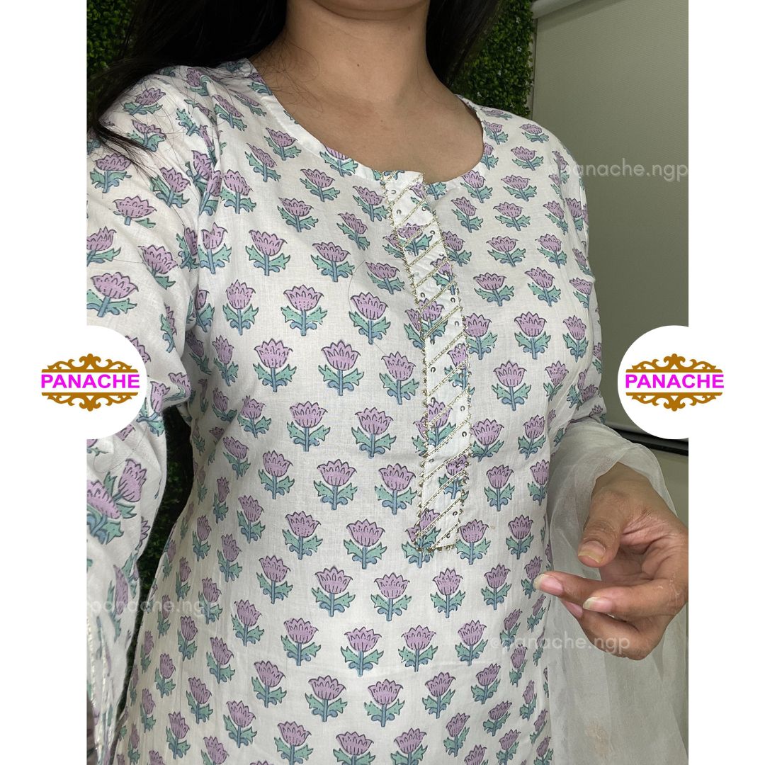 Printed cotton Kurtis with Lakhnavi pants & Organza gota dupatta