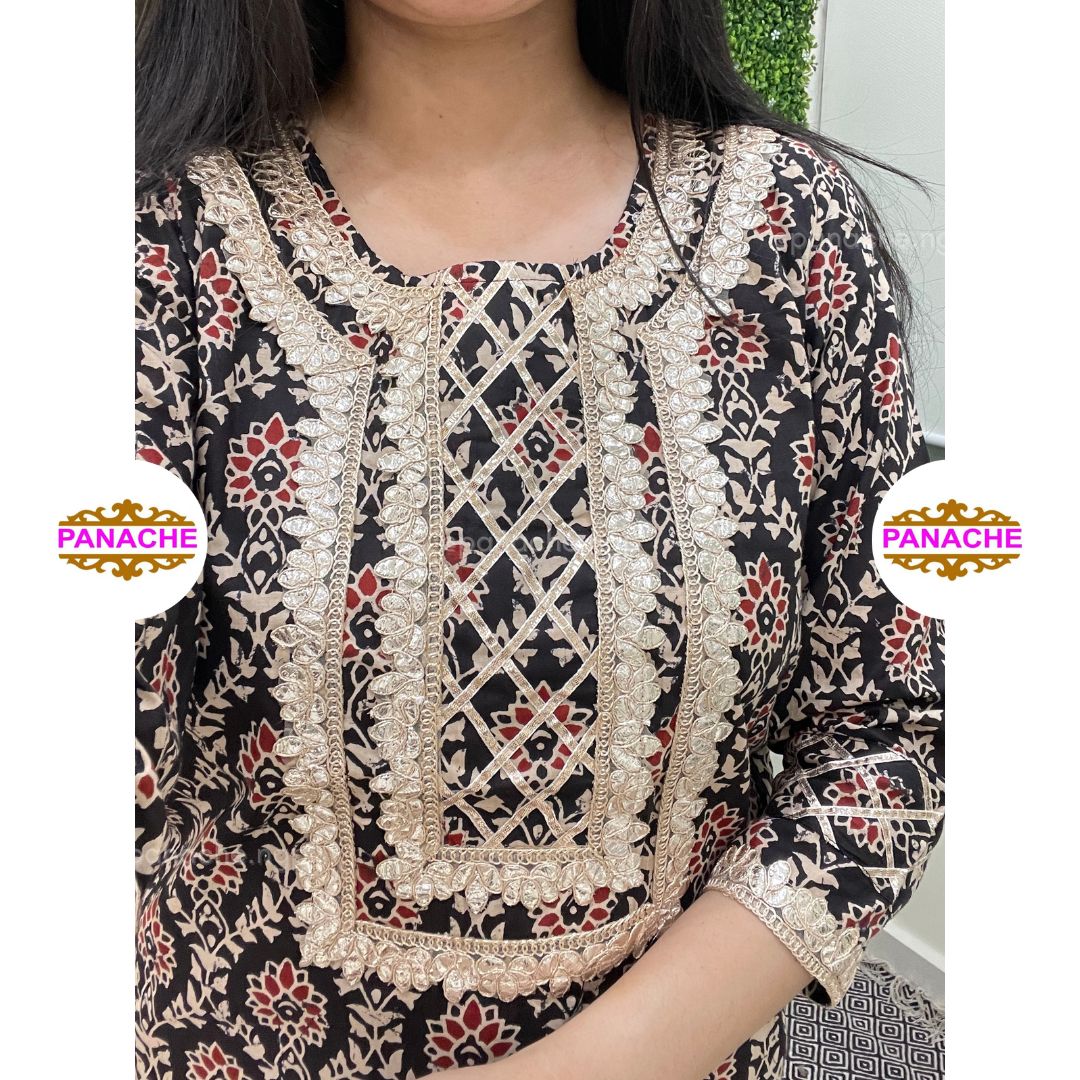 Black Print on Print Kurta Pant Dupatta Set