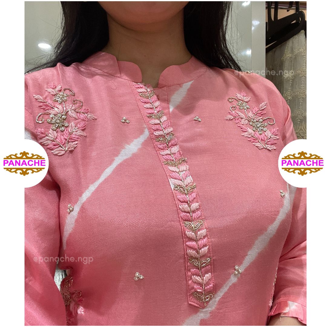 Neon pink leheriyan kurta silk set