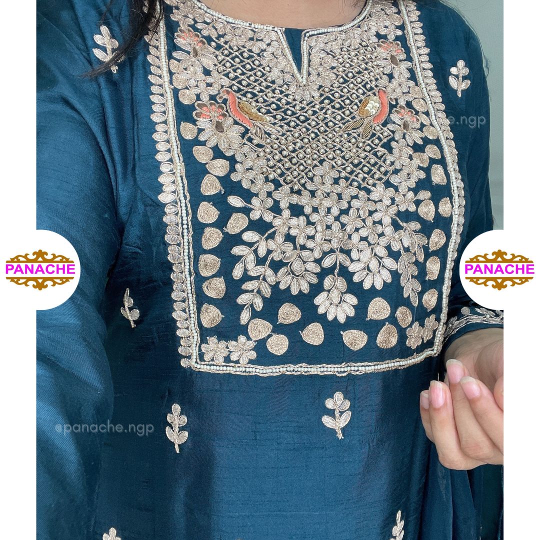 Navy silk set with gota & zardoz embroidery