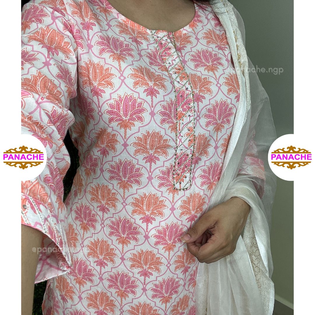 Printed cotton Kurtis with Lakhnavi pants & Organza gota dupatta