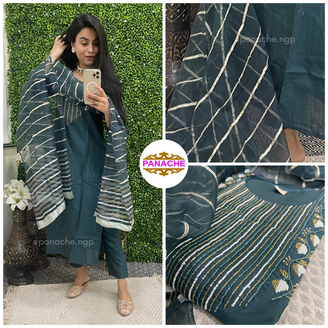 Silk Set in Delicate Embroidery and Organza Dupatta