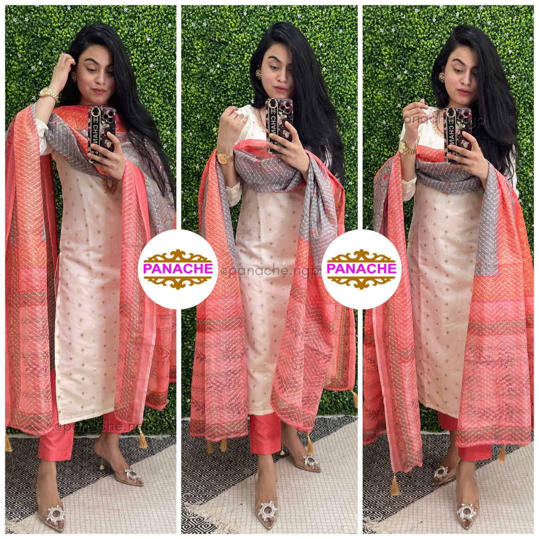 Brocade kurta with plain pants and printed dupatta