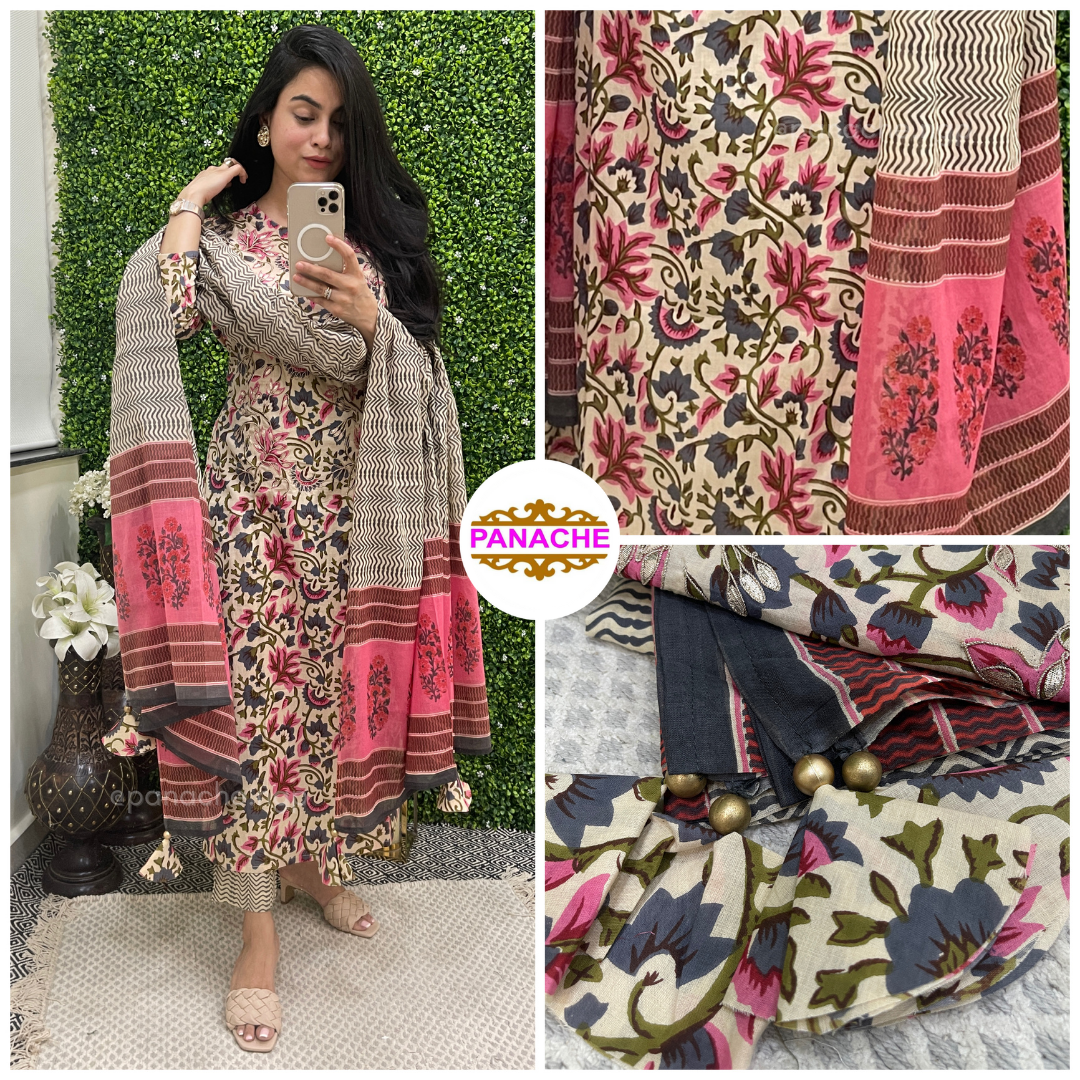 Floral print cotton suit set with tassels