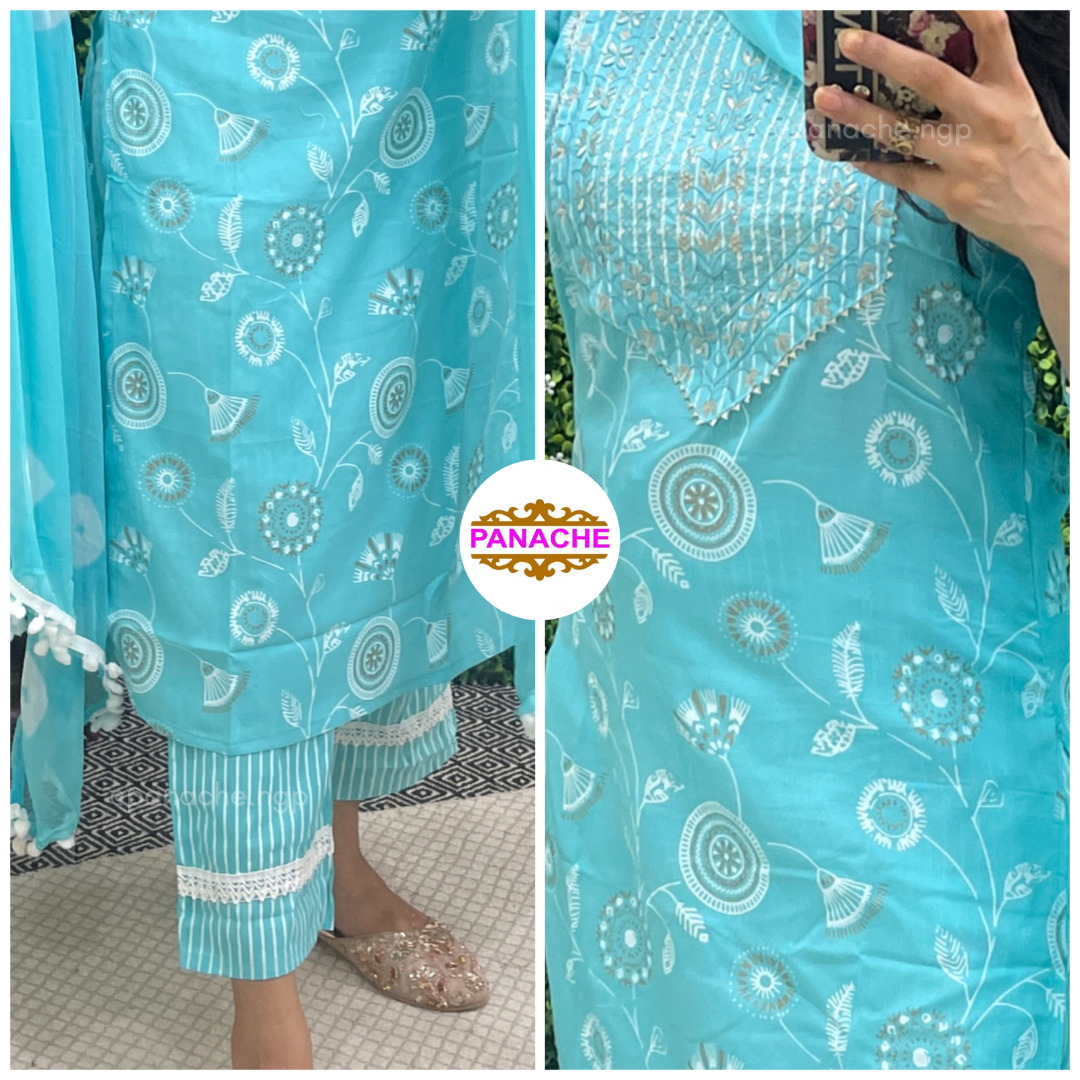Printed Blue Cotton Suit Set
