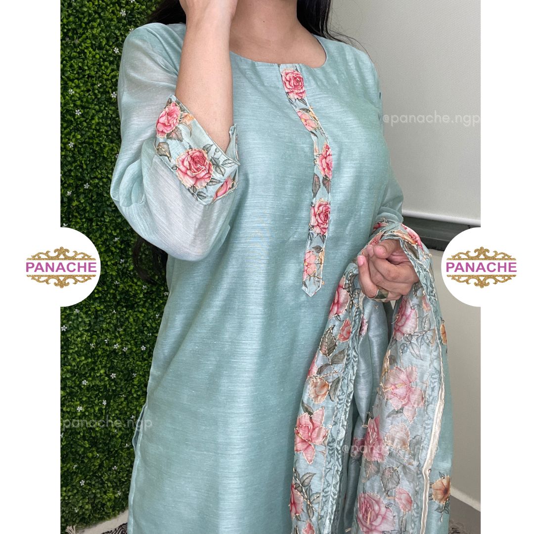 Mint green Ajrak in florals