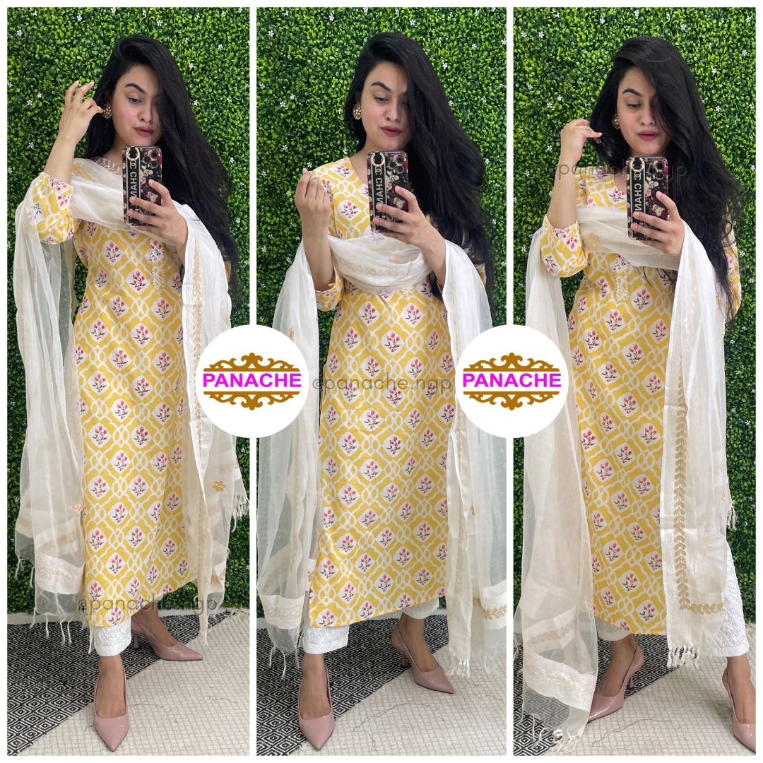 Printed cotton Kurtis with Lakhnavi pants & Organza gota dupatta