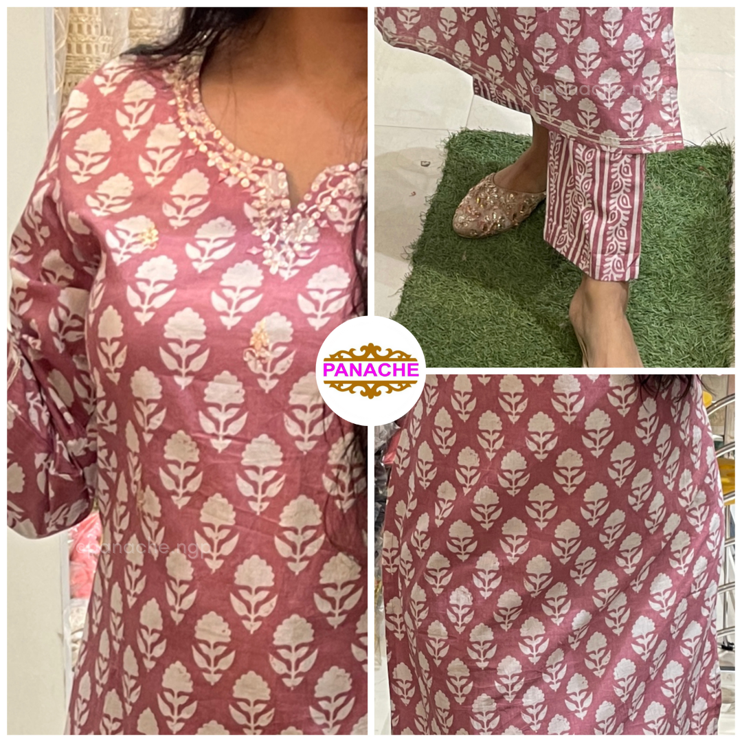 Print on Print White Kurta Pant Set