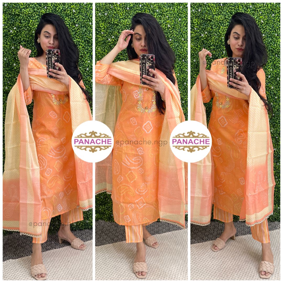 South silk kurta pant dupatta set in bandhani