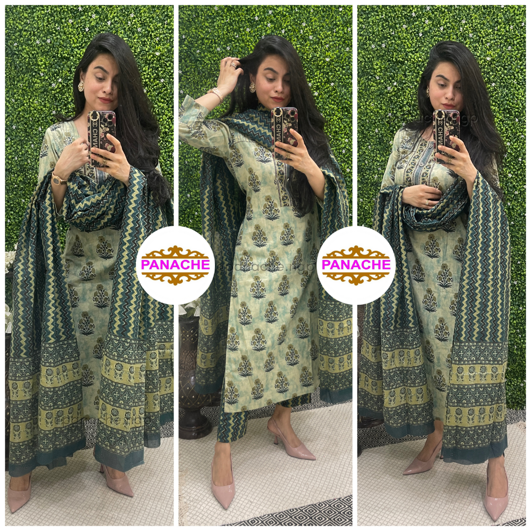Olive print on print kurta pant dupatta set