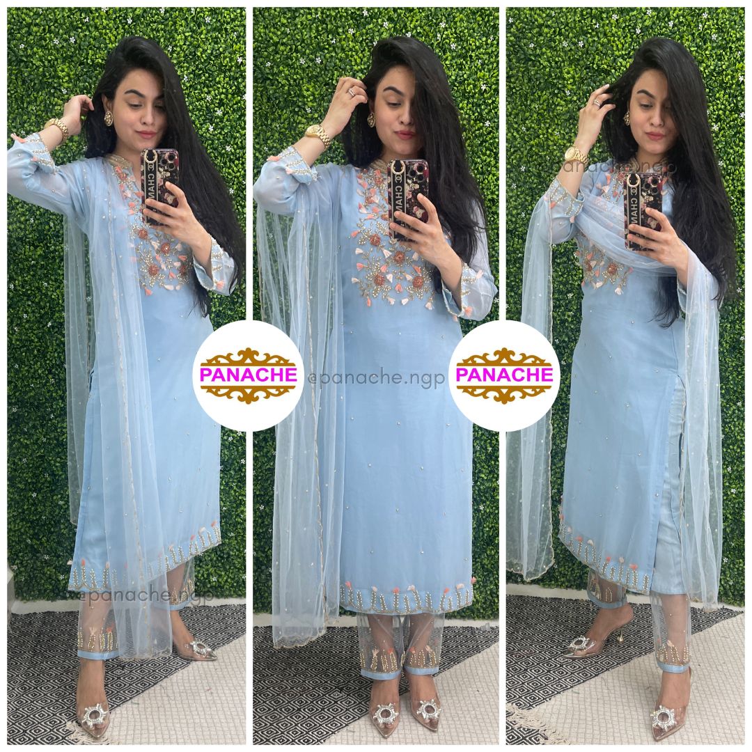 Powder Blue Stand Collar Georgette kurta pant and dupatta set