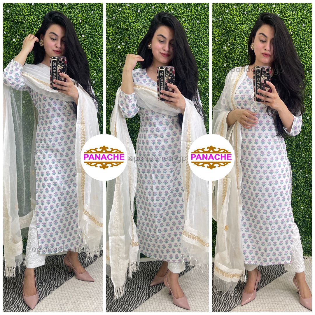 Printed cotton Kurtis with Lakhnavi pants & Organza gota dupatta