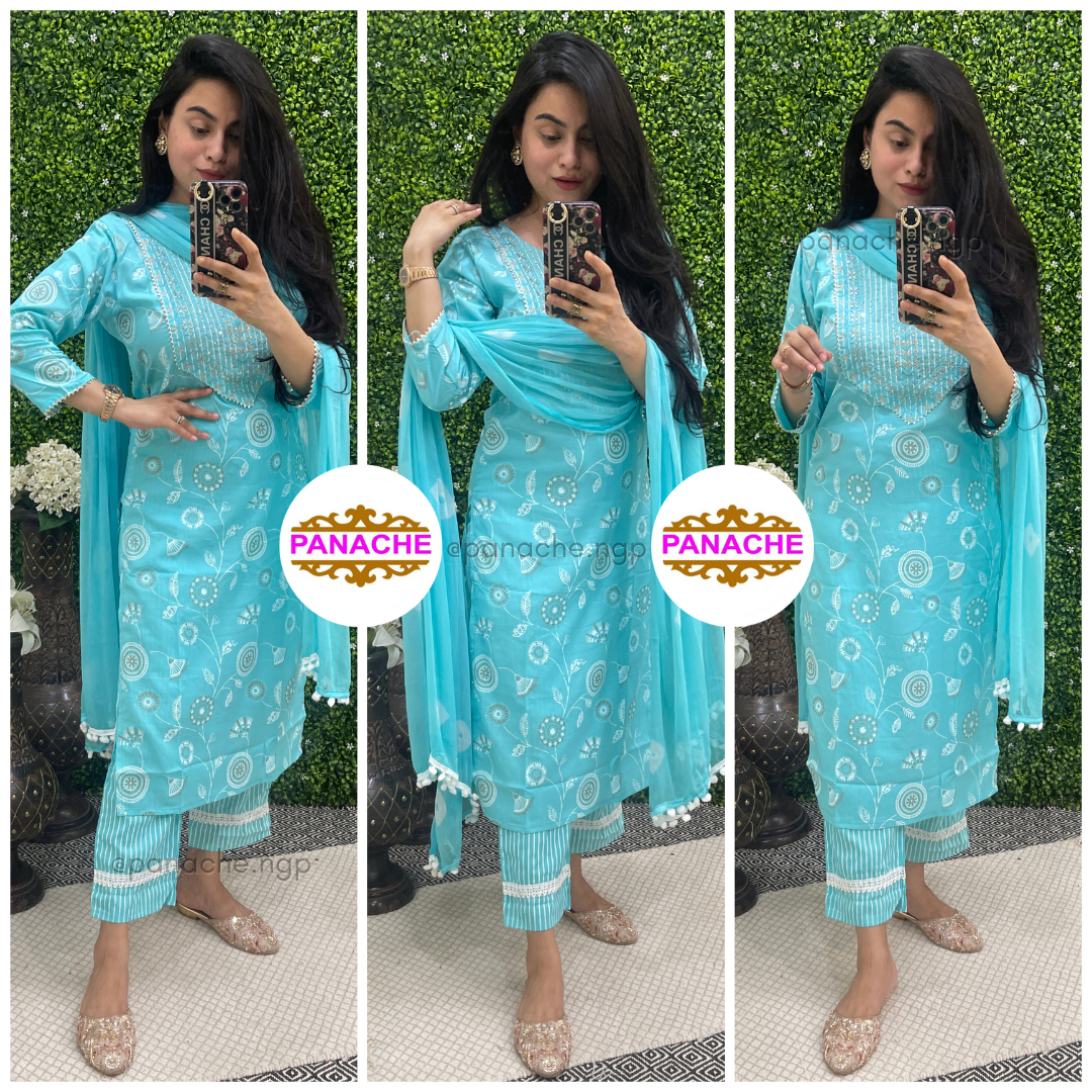 Printed Blue Cotton Suit Set