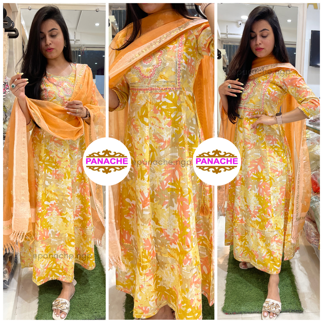 Lemon yellow cotton longline with Organza dupatta