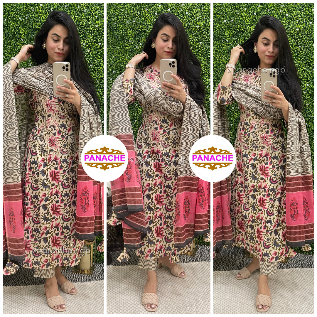 Floral print cotton suit set with tassels